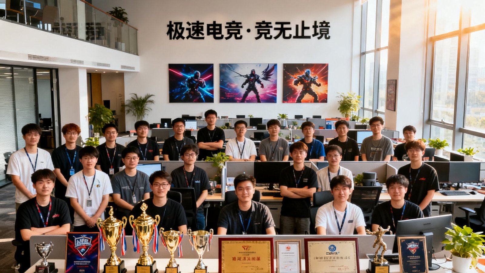 极速电竞上海总部办公室内，四十余位团队成员在开放式办公区合影，背景墙上挂着公司使命标语和电竞主题装饰画，前台区域摆放着历年服务的赛事纪念奖杯和合作牌匾，阳光透过落地窗洒满整个空间。