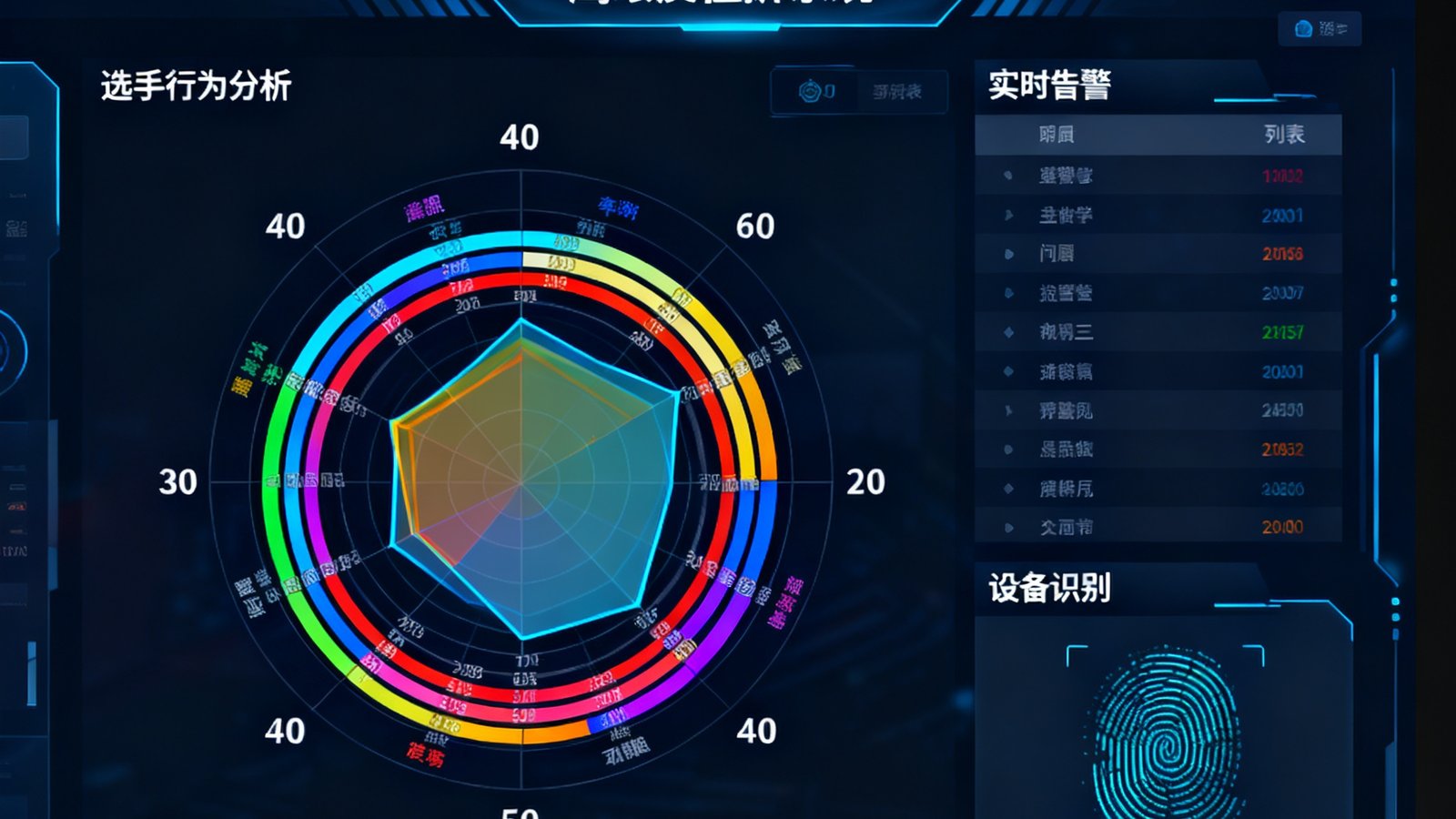 鹰眼反作弊系统3.0版本的主界面截屏，展示了一张复杂的选手行为分析雷达图，图上有40多个维度以不同颜色标注，旁边是实时告警列表和设备指纹识别面板，整体界面设计专业且信息密度高。