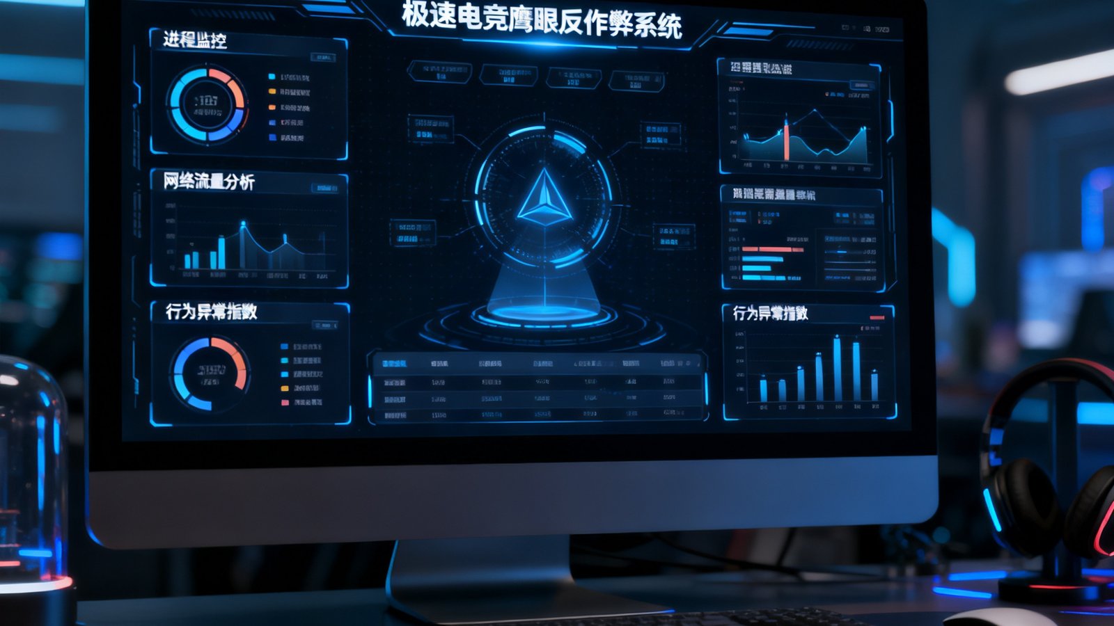 电脑屏幕显示着极速电竞鹰眼反作弊系统的仪表盘界面，深色背景上分布着多个实时数据面板，包括进程监控、网络流量分析、行为异常指数等模块，界面设计科技感十足。
