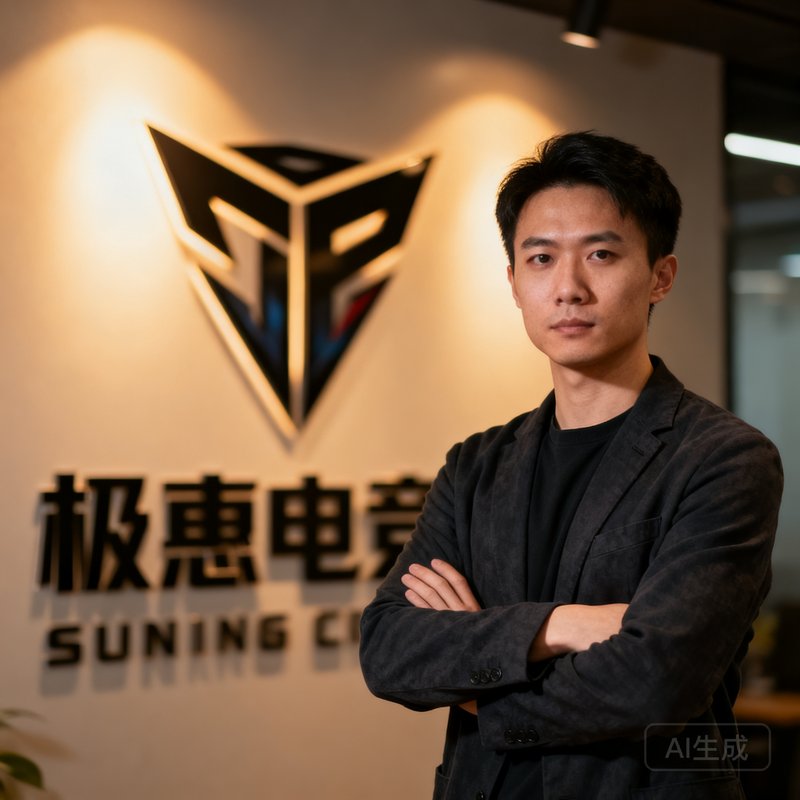 极速电竞创始人陈远，一位三十多岁的男性，曾为职业电竞选手，身穿深色休闲西装，双臂交叉站立在公司Logo墙前，眼神坚定而沉稳。
