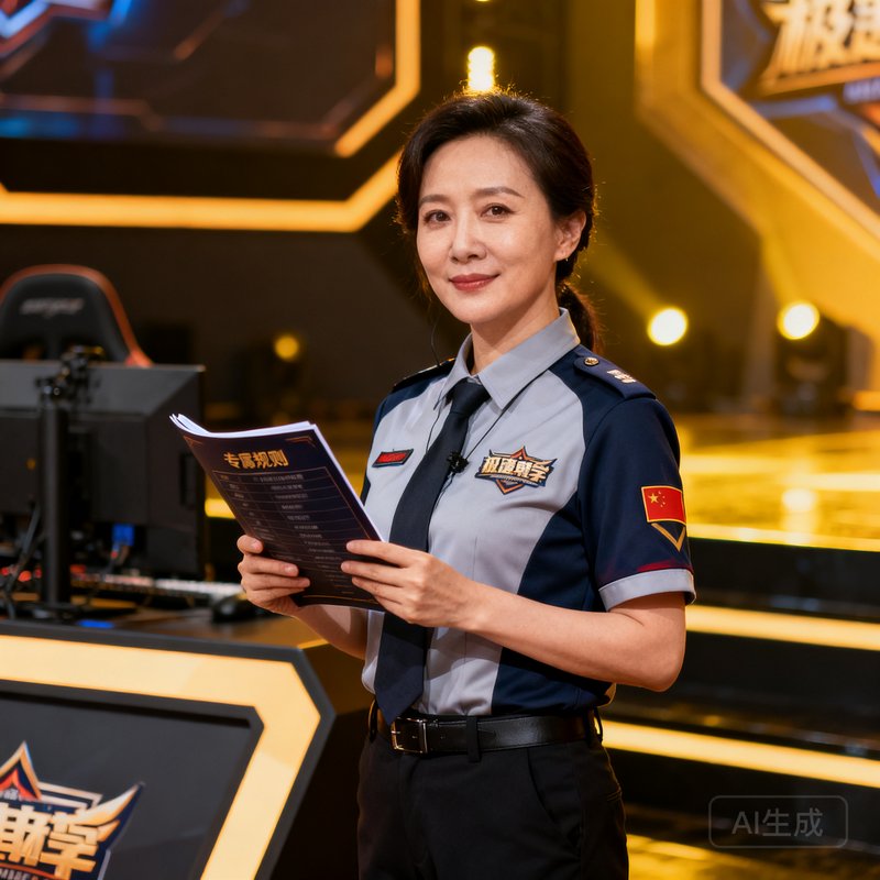极速电竞首席裁判刘敏，女性，三十五岁，穿着裁判制服，手持赛事规则手册，站在比赛舞台侧面，表情专业而自信。
