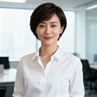 一位短发干练的女性客户头像，穿着白色衬衫，背景是明亮的办公室环境，她展现出自信从容的气质。